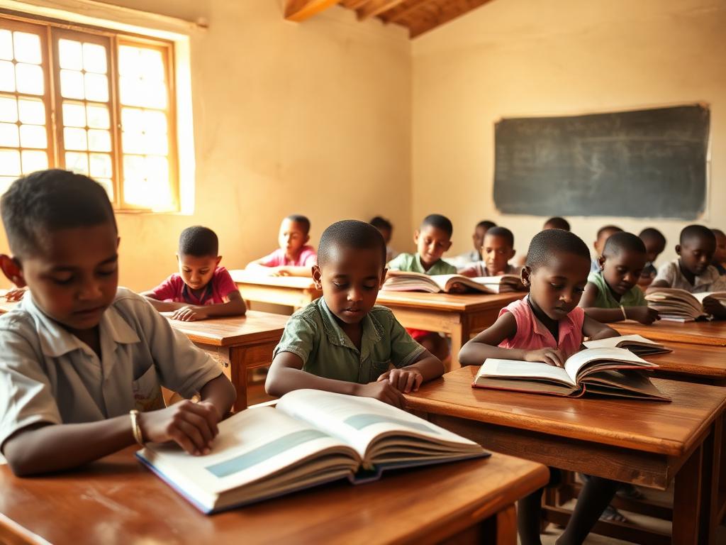 Children reading books at wooden desks in a sunlit classroom