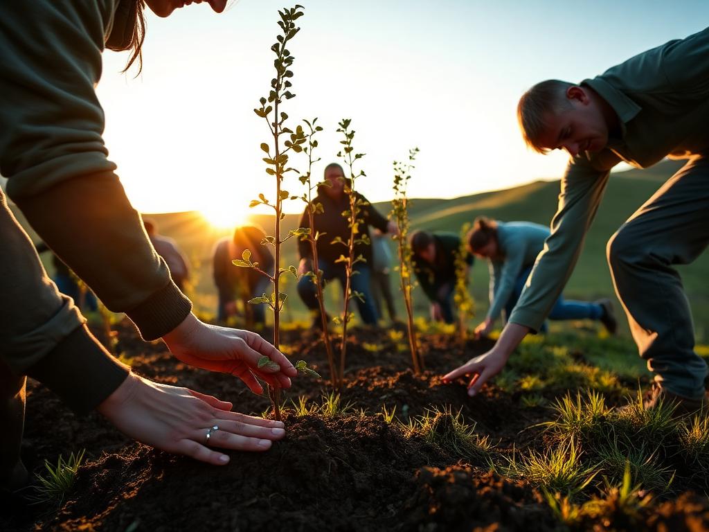 Volunteers planting young trees on a green hillside at sunset