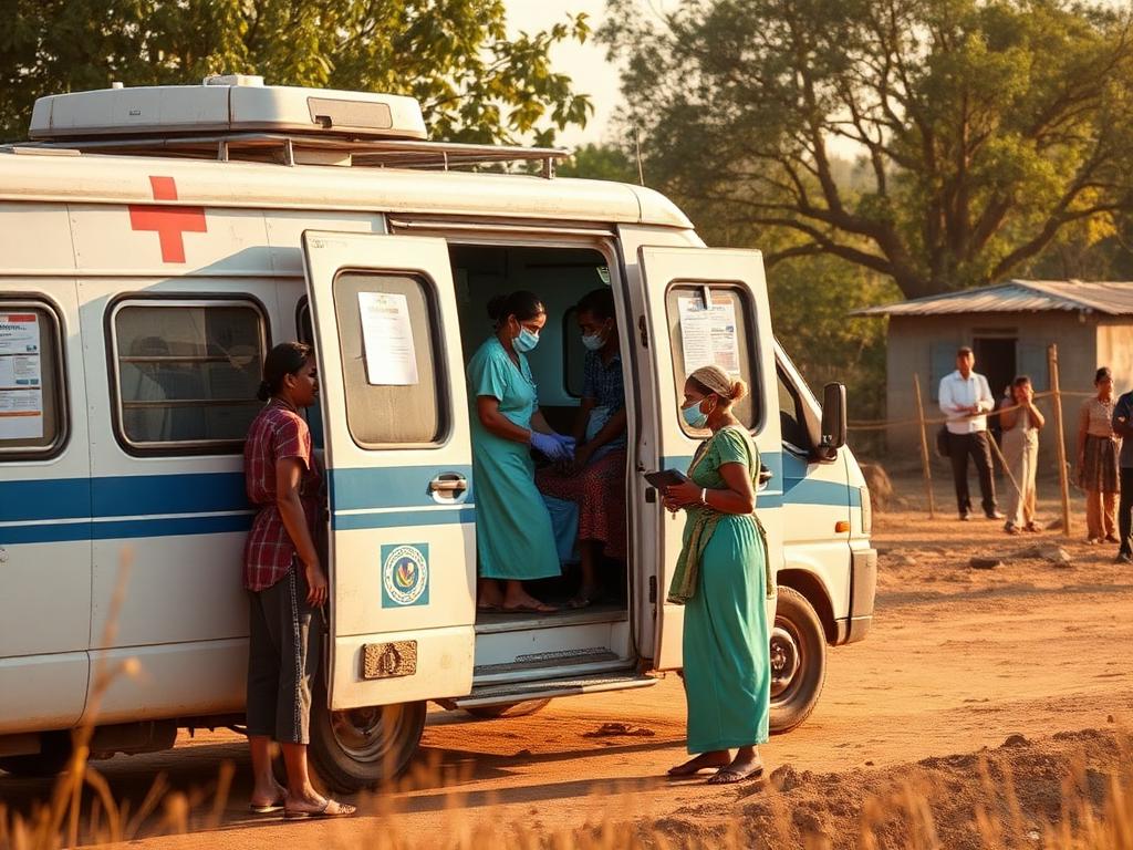 Mobile medical clinic van with nurses helping people in a rural area