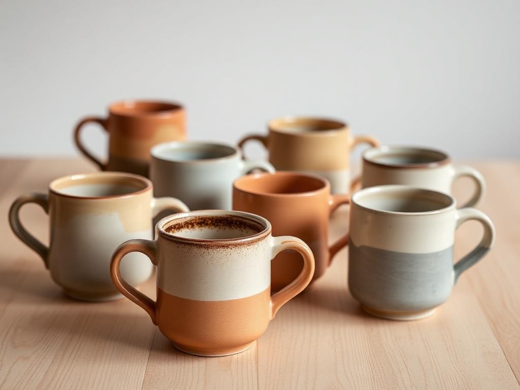 Handmade ceramic mugs in warm earth tones on a wooden table