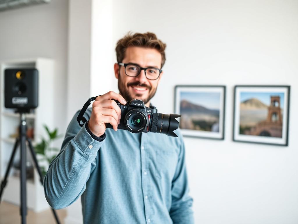 Photographer holding a camera in a bright studio
