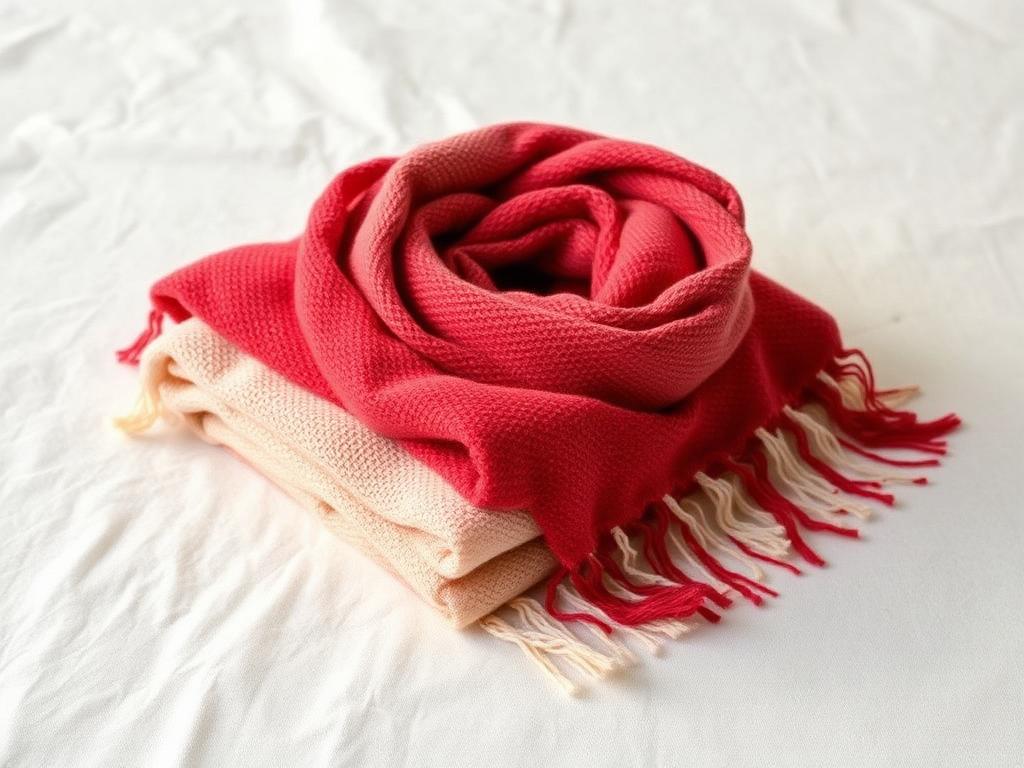 Handwoven red and cream scarves folded on linen