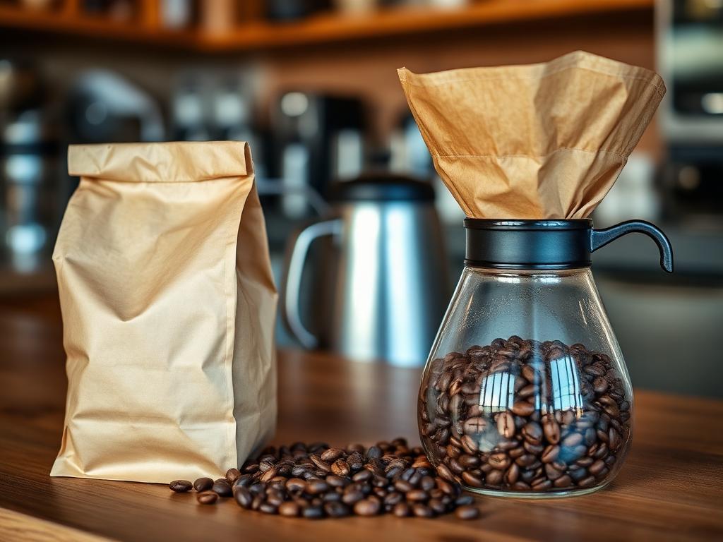 Bag of roasted coffee beans beside a pour-over brewer