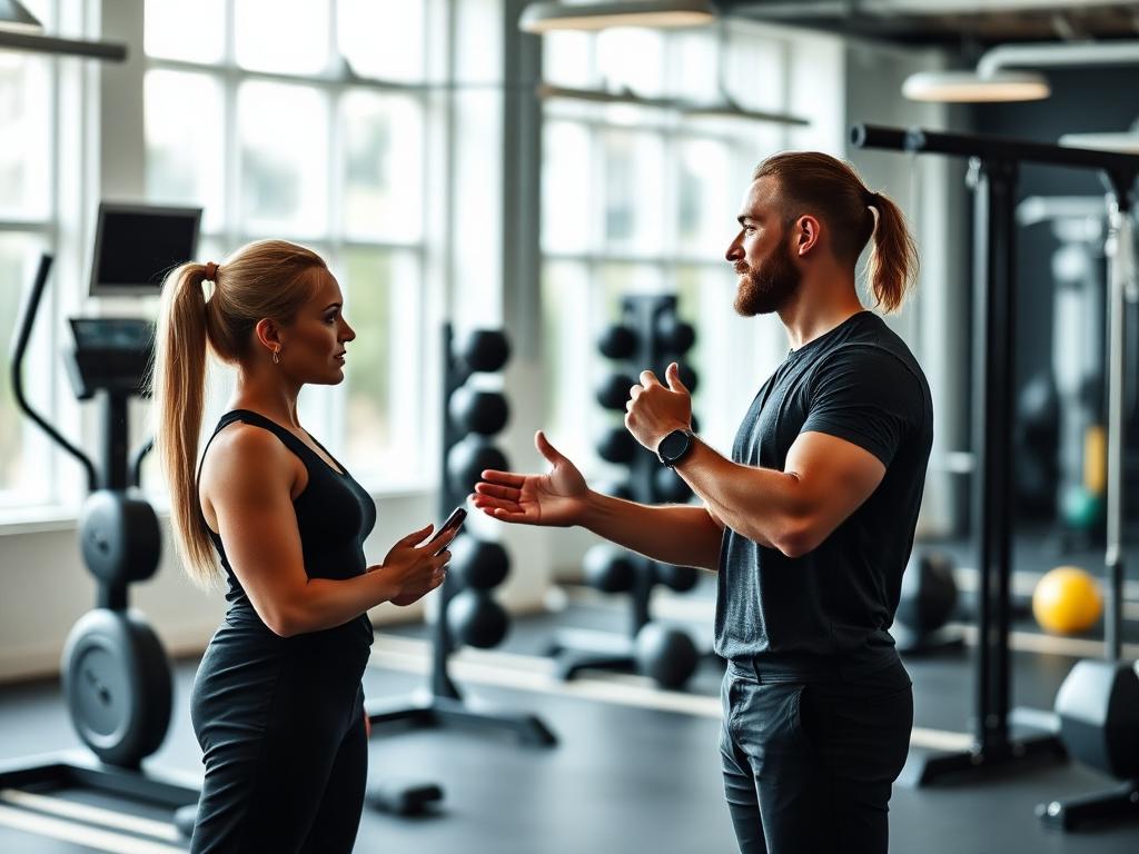 Personal trainer coaching a client in a modern gym
